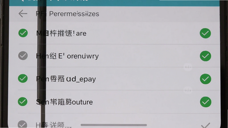 主体为手机设置界面截图,显示权限管理页面,布局为列表勾选状态,排版标准,系统原生风格,细节为绿色对勾图标,高清画质,清晰无噪点