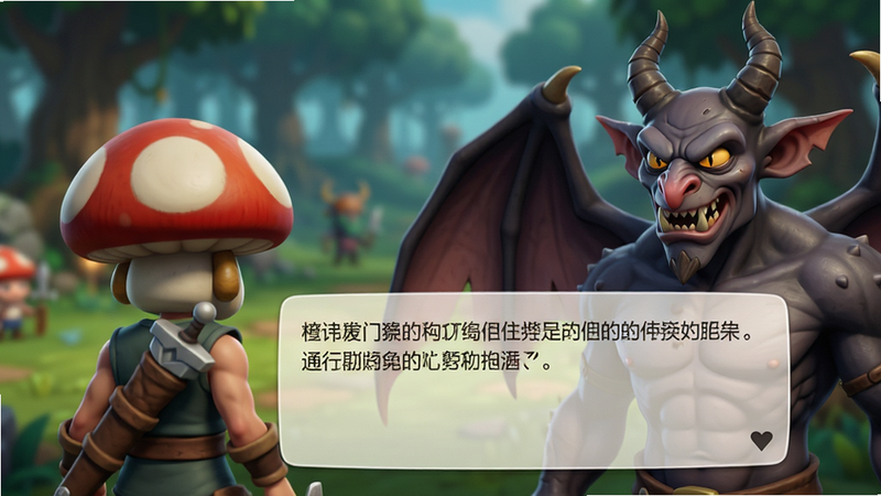 主体为游戏内剧情对话界面截图,左侧显示蘑菇岛勇士的背影,右侧是蝙蝠魔王的半身像,中间是清晰的中文对白文本,背景虚化处理以突出人物表情,排版整洁,风格为半写实卡通,细节精致,高清无噪点