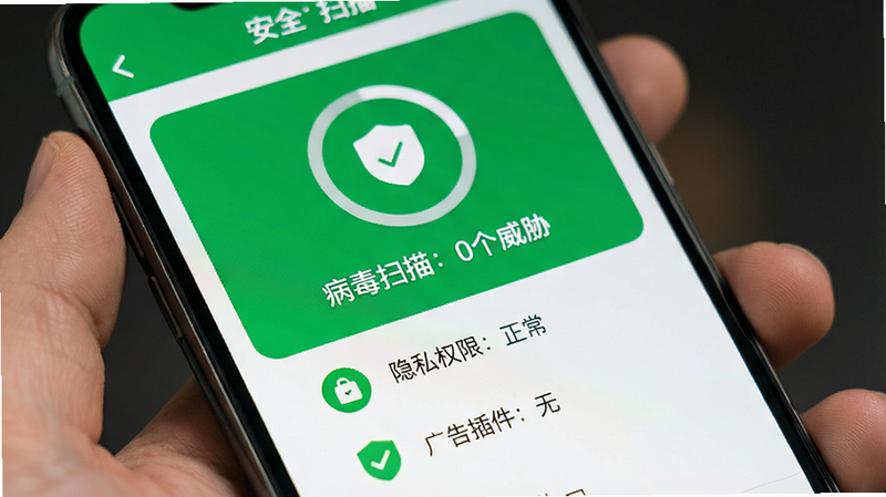 主体为手机安全扫描界面,显示“病毒扫描:0个威胁”,“隐私权限:正常”,“广告插件:无”,界面绿色为主,传达安全信号,布局整洁,风格为软件界面截图,细节清晰,高清