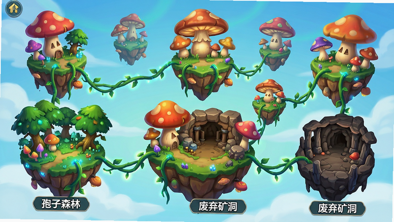 主体为游戏地图全景图,展示多个悬浮在空中的蘑菇岛屿,岛屿之间由发光的藤蔓连接,画面下方标注了各区域名称,如“孢子森林”、“废弃矿洞”,布局清晰,色彩明快,风格为游戏UI设计图,细节清晰,高清渲染
