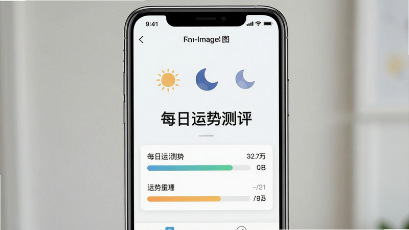 Boogu-Image 生图:主体为手机屏幕展示每日运势测评应用界面,布局居中,排版清晰,风格简约清新,细节包含太阳、月亮图标及分数条,画质高清,干净,无多余元素,文字