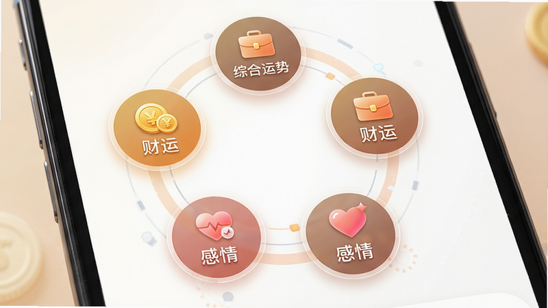 Boogu-Image 生图:主体为手机界面特写,布局展示五个圆形图标分别代表不同运势板块,排版呈环形分布,风格科技感与温馨感结合,细节包含金币、爱心、公文包等小图标,画质细腻,干净,无多余元素,文字