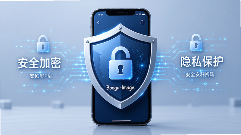 Boogu-Image 生图:主体为盾牌图标与手机界面结合,布局居中,排版对称,风格科技感与安全感结合,细节包含锁形图标和数据流线条,画质高清,干净,无多余元素,文字