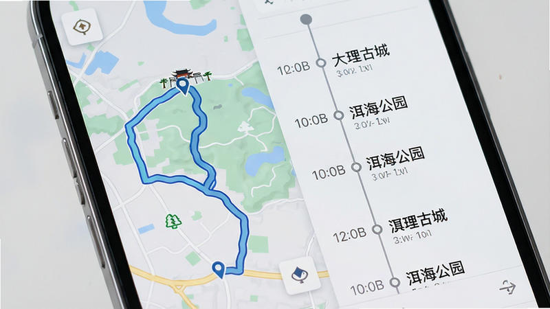 �ֻ���Ļ��ʾ�г̹滮���棬����ǵ�ͼ·�߹켣���Ҳ���ʱ�����б�������ˡ������ųǡ�����������԰���ȵص㣬�������ִ�����������������Ϊǳ��ɫ��ͻ������ʵ���ԣ�����ϸ��