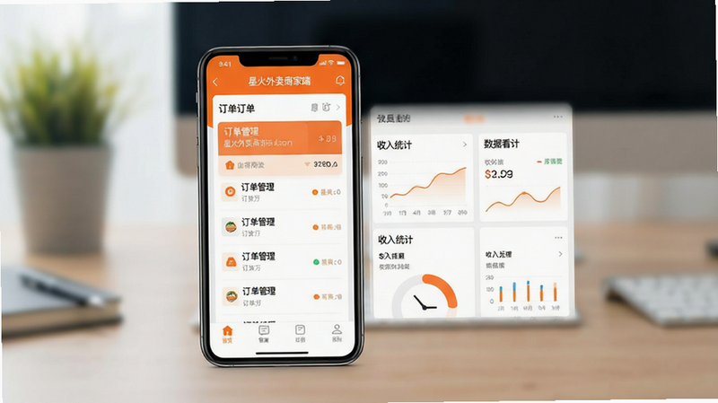 һ�Ÿ������ҵӦ�ý���ȫ��ͼ��������ʾ�ֻ���Ļ�ϵġ��ǻ������̼Ҷˡ�APP���棬�����Ϊ��ඩ���б����Ҳ����ݿ��壬��ɫ���ó�ɫ���ɫ���䣬����ִ���Լ����ƽ����ƣ�UIԪ��������������ʾ��������������������ͳ�ơ�������Ϊ��͵İ칫�����黯Ч�����߷ֱ��ʣ��ɾ��޶���Ԫ��