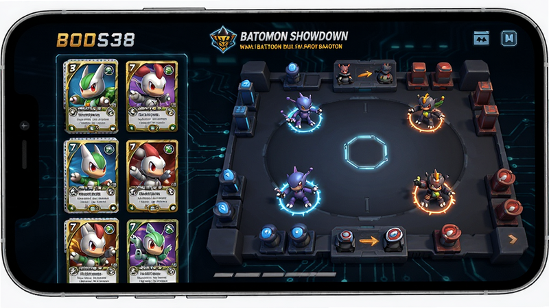 主体为手机屏幕展示Batomon Showdown游戏主界面,布局清晰,左侧显示角色卡牌栏,右侧为战斗区域,背景为深色科技风,排版整齐,风格现代简约,细节丰富,画质高清,干净无多余元素,文字包含