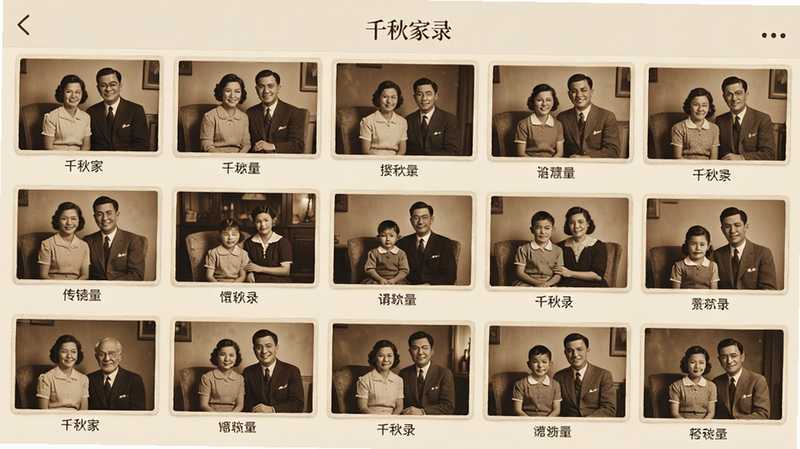 “千秋家录”应用内的相册预览界面,网格布局展示多张复古风格的家庭照片,每张照片下方有简短的文字标注,整体色调温暖,布局整齐,风格写实,细节丰富,高分辨率