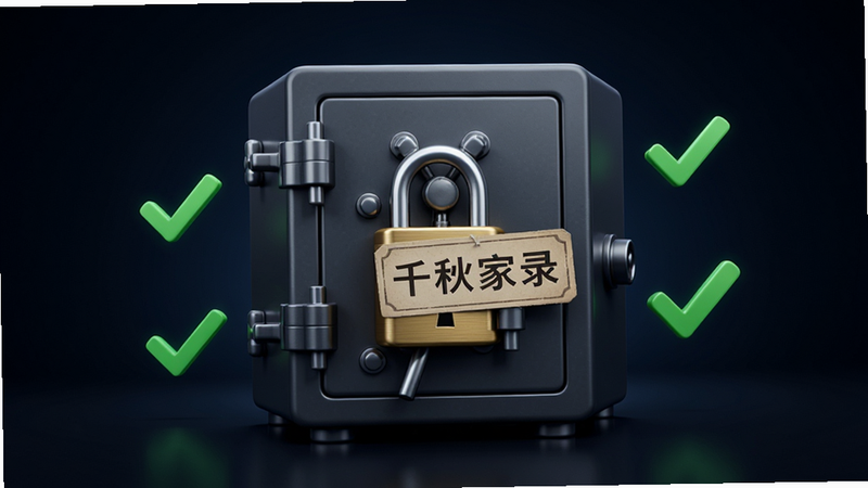 数据安全概念图,一个锁住的保险箱,上面贴着“千秋家录”标签,周围有绿色的安全勾选符号,背景为深色渐变,风格专业信任感,排版简洁,细节锐利,无杂乱元素
