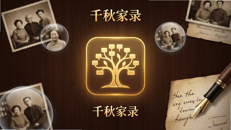 一款名为“千秋家录”的手机应用界面展示,主体为深棕色木质纹理背景,中央悬浮一个发光的金色家谱树状结构图标,周围环绕着半透明的老照片气泡和钢笔书写笔迹,风格为温馨怀旧与现代科技结合,排版居中对称,细节清晰,画质4k,干净无多余元素