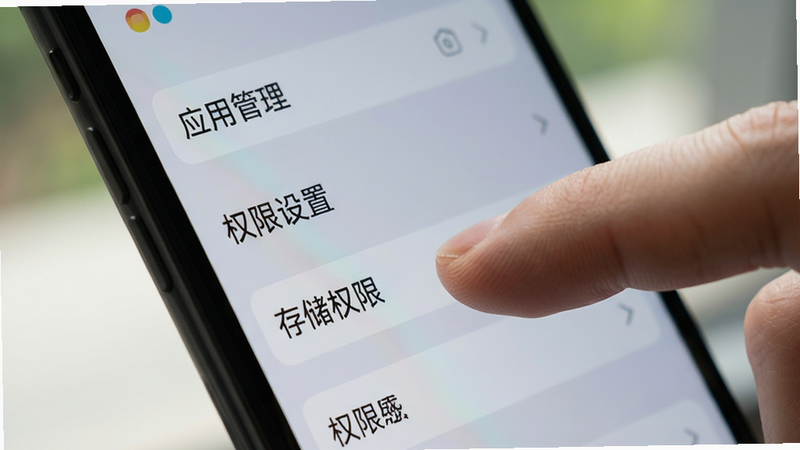 手机设置界面特写,显示“应用管理”和“权限设置”选项,手指点击“存储权限”按钮,背景模糊,风格写实,细节清晰,光影自然,高质量摄影质感