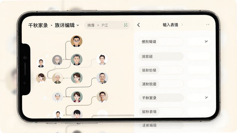 手机屏幕显示“千秋家录”的族谱编辑界面,左侧为树状结构图,节点为圆形头像,右侧为输入表单,背景为柔和的米白色,风格简约扁平化,线条流畅,排版左右分栏,细节精致,高清