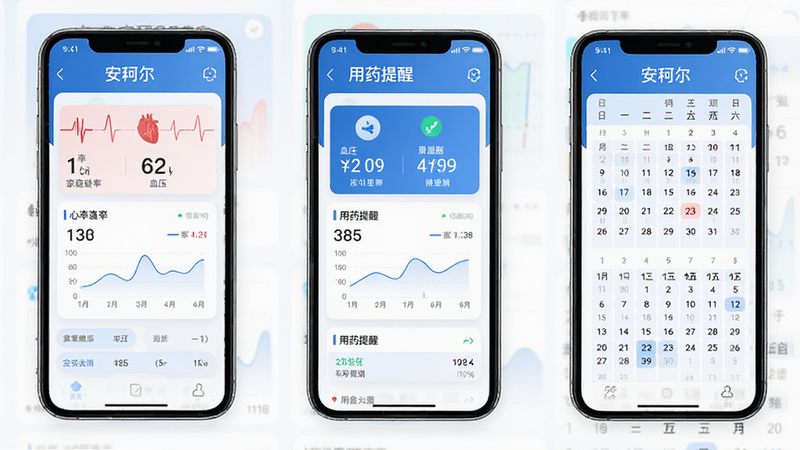 安珂尔APP界面全景图,主体为手机屏幕显示的家庭健康仪表盘,布局清晰包含心率、血压、用药提醒模块,排版整齐采用医疗蓝白色调,风格简约现代,细节展示数据图表与日历视图,画质高清8k,干净无多余元素,文字标注
