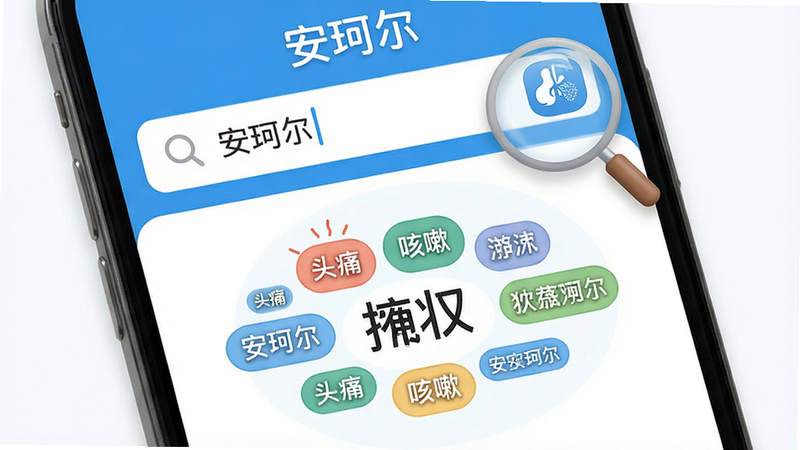 安珂尔症状搜索界面,主体为手机搜索框与下方的症状标签云,布局聚焦于输入区域,排版宽松易读,风格亲和友好,细节展示放大镜图标与常见症状如