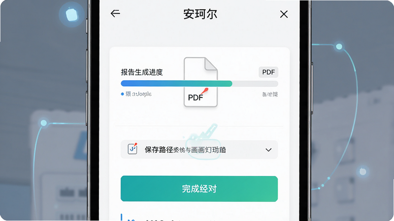 安珂尔数据导出界面,主体为手机屏幕显示的报告生成进度条与完成提示,布局居中突出操作结果,排版简洁明了,风格科技感,细节展示PDF图标与保存路径选择,画质清晰,干净无杂乱元素,文字标注