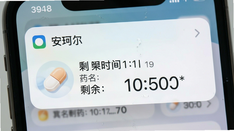 安珂尔用药提醒界面特写,主体为手机通知栏弹出的服药提醒卡片,布局紧凑显示药名、剂量与剩余时间,排版简洁突出关键信息,风格清新柔和,细节展示药片图标与倒计时数字,画质清晰,干净无杂乱背景,文字标注