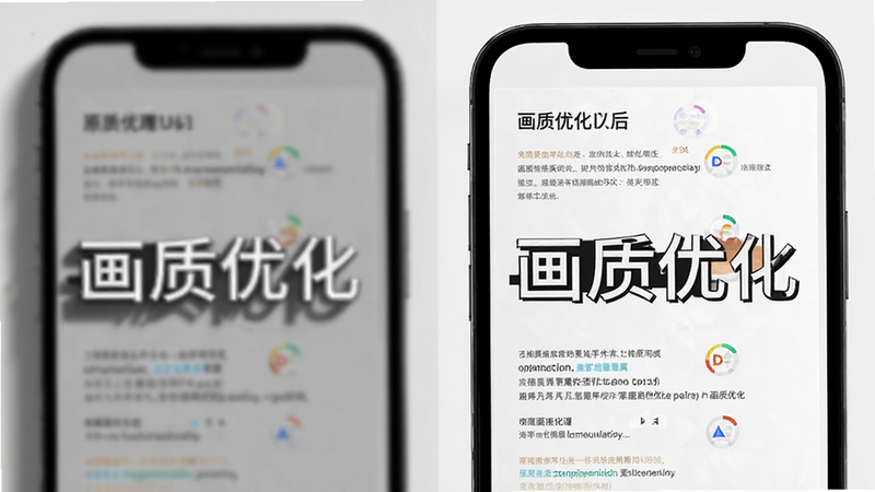 主体为手机屏幕对比界面,左侧为模糊带阴影的原图,右侧为清晰锐利的处理后文档,布局左右分屏,排版对比强烈,风格实用,细节展示文字边缘锐利化效果,画质极佳,干净,无杂乱背景,文字“画质优化”