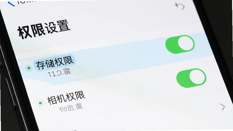 主体为手机设置界面,展示权限管理列表,布局清晰,排版规范,风格极简,细节高亮显示“存储权限”和“相机权限”为已开启状态,画质清晰,干净,无其他干扰项,文字“权限设置”