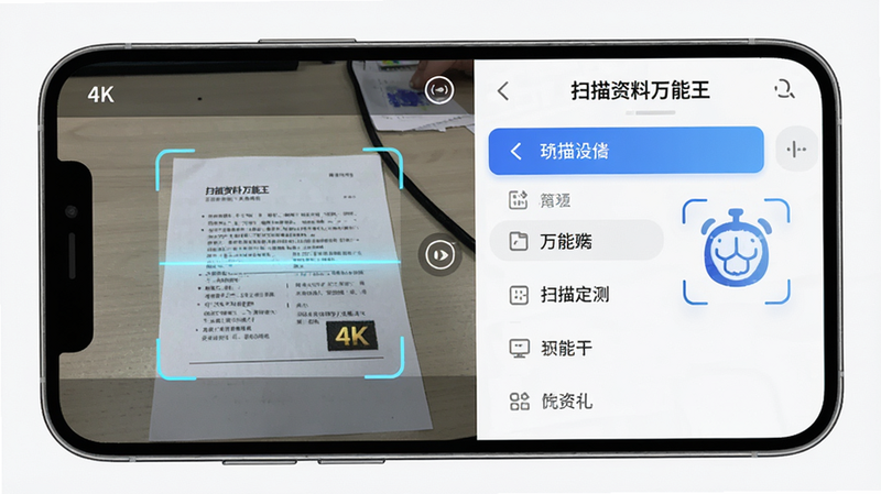 主体为手机屏幕显示“扫描资料万能王”应用界面,布局清晰,左侧显示相机取景框,右侧为功能菜单栏,排版简洁现代,风格科技感强,细节处展现高清晰度文档扫描效果,画质4K,干净无多余元素,文字“扫描资料万能王”清晰可见