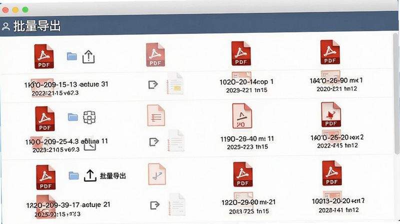 主体为文件管理界面,显示多个PDF文件图标,布局列表式,排版整齐,风格商务,细节显示文件名称包含日期和页码,画质清晰,干净,无干扰元素,文字“批量导出”