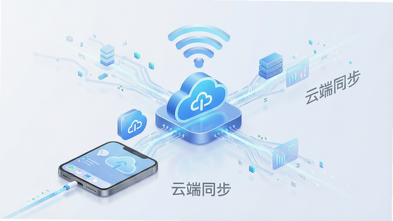 主体为云同步示意图,手机通过无线信号连接云端图标,布局中心发散式,排版流畅,风格现代科技,细节显示数据流动的光效,画质高清,干净,无多余符号,文字“云端同步”