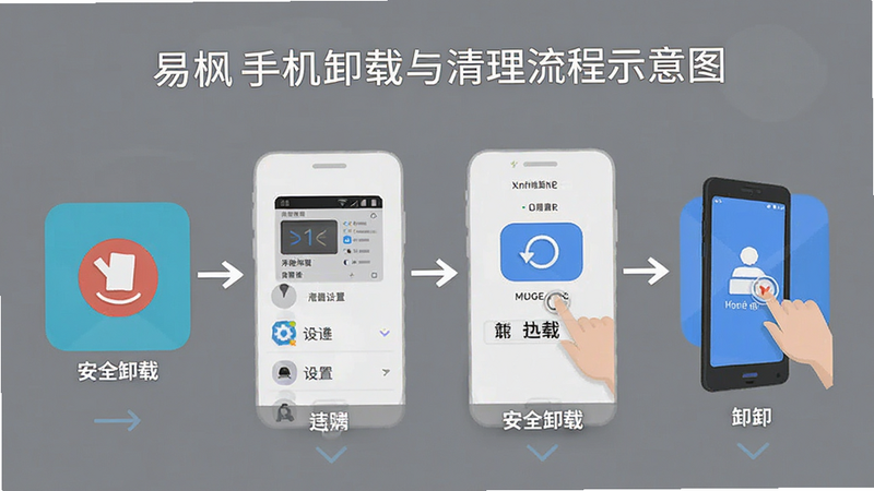 主体为易枫手机卸载与清理流程示意图,布局为步骤分解图,排版清晰明了,风格扁平化,细节展示长按图标、进入设置、点击卸载等关键操作节点,画质清晰,干净无干扰元素,文字标注