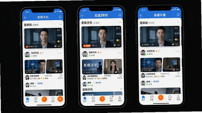 主体为易枫手机App的主界面全景展示,布局采用典型的移动端垂直滚动结构,顶部为导航栏,中部为核心直播推荐流,底部为功能标签栏。排版整洁有序,风格现代简约,采用蓝白配色为主,点缀活力橙色按钮。细节处显示高清直播画面卡片与用户头像,画质清晰锐利,干净无多余元素,文字显示为