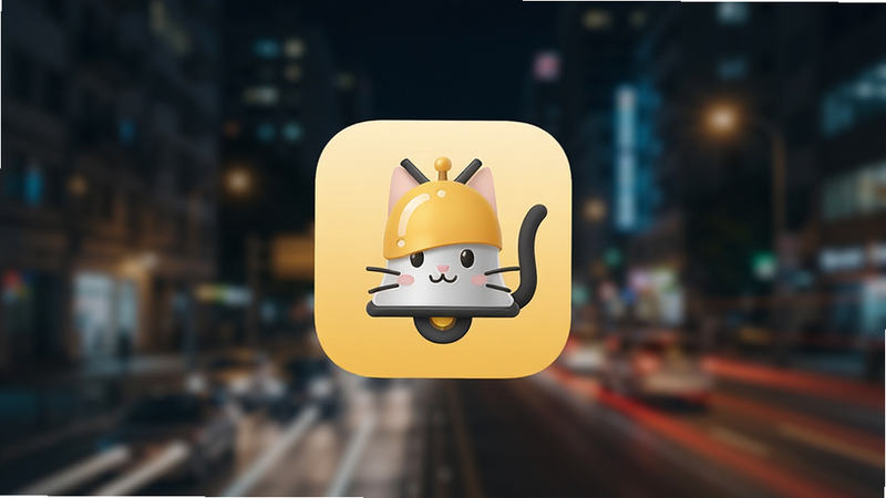 手机屏幕显示铃铛猫应用图标,背景为模糊的城市夜景,突出应用图标,布局居中,风格现代简约,细节清晰,画质高,干净,无多余元素
