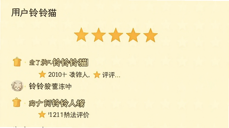 铃铛猫 用户评价截图展示,五星好评图标,背景为浅黄色,布局整齐,排版清晰,风格温暖,细节真实,画质高,干净,无多余元素