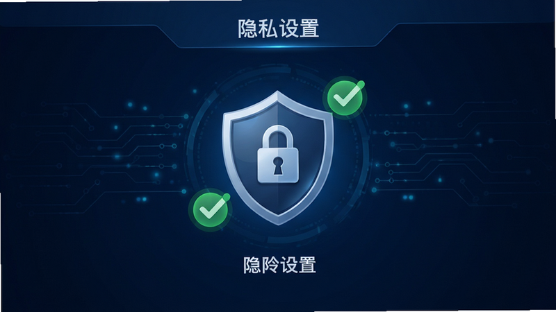 铃铛猫 隐私设置界面,显示一个盾牌形状的锁图标,周围环绕着绿色对勾,背景为深蓝色科技风,布局对称,排版严谨,风格专业,细节清晰,画质高,干净,无多余元素