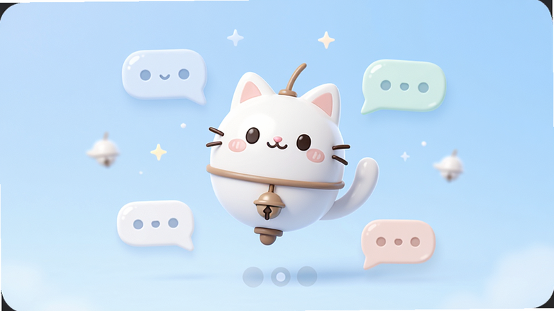 铃铛猫 APP 主界面展示,背景为柔和的浅蓝色渐变,中间悬浮着一个可爱的白色铃铛猫卡通形象,周围漂浮着几个聊天气泡,布局简洁,排版清晰,风格清新可爱,细节精致,画质高清,干净,无多余元素
