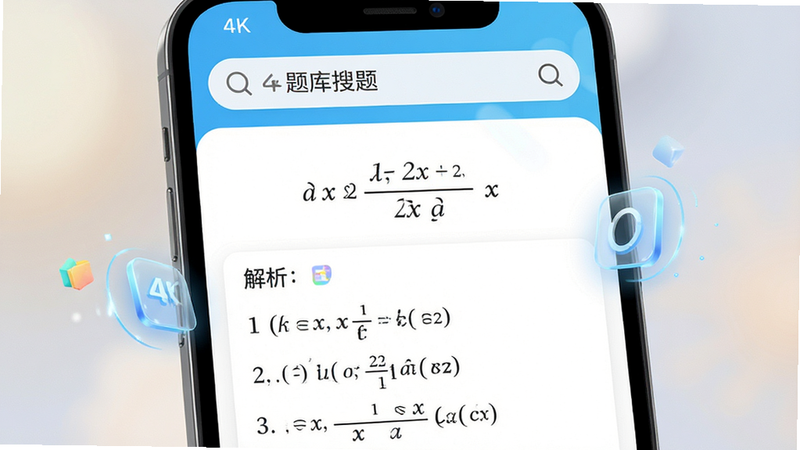 主体为手机屏幕特写,显示题库搜题APP界面,布局清晰,顶部为搜索框,中间展示一道数学题及详细解析步骤,排版整齐,风格简洁现代,细节包含高清图标与流畅动画效果,画质4k,干净,无多余元素,文字内容为