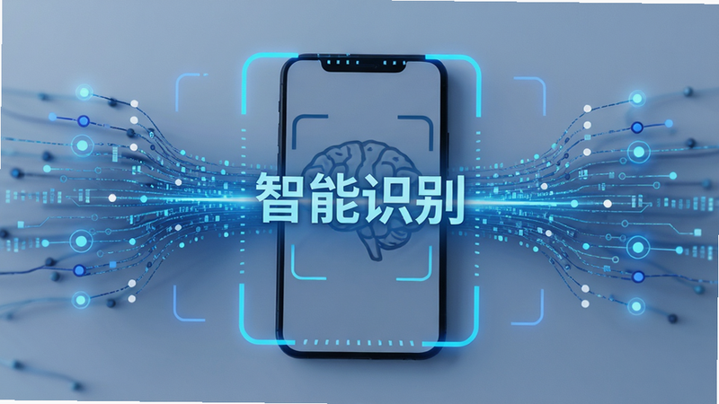 主体为抽象的AI数据流与手机扫描框结合,布局呈现科技感,排版对称,风格为极简科技风,细节包含发光的数据节点与扫描线,画质高清,干净,无多余元素,文字内容为