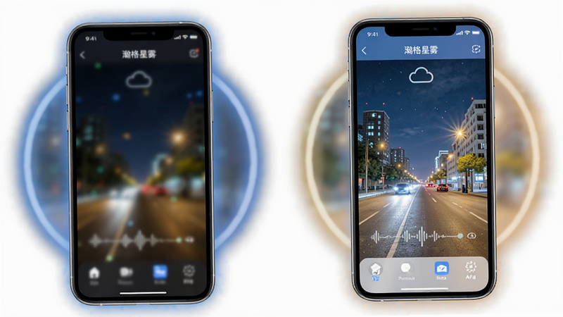 展示‘瀚格星雾’App中‘智能降噪’功能的对比图,左侧为模糊噪点多的夜景原图,右侧为处理后清晰明亮的效果图,手机界面周围有光晕效果,突出技术感,风格写实,细节清晰,画质高,无水印