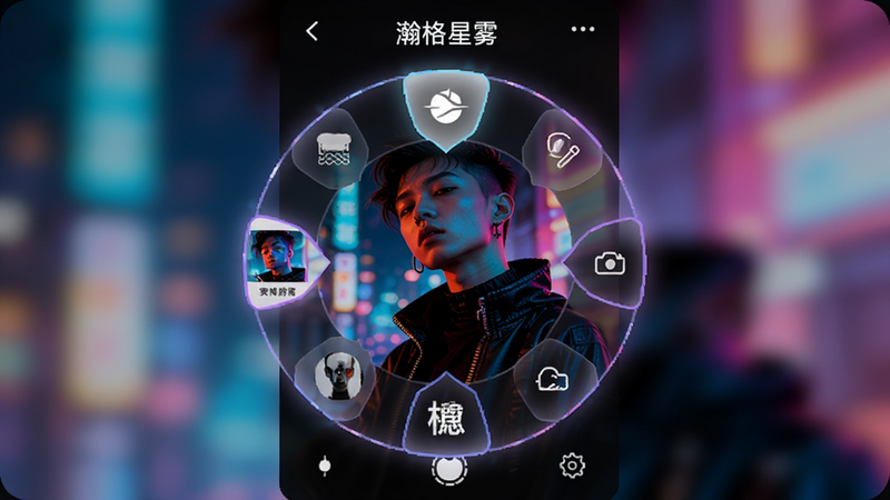 ‘瀚格星雾’App界面截图,展示滤镜选择轮盘,中间显示应用了‘赛博朋克’滤镜的人物照片,色彩鲜艳对比度高,UI元素发光,背景虚化,体现时尚潮流风格,细节精致,画质清晰,干净背景