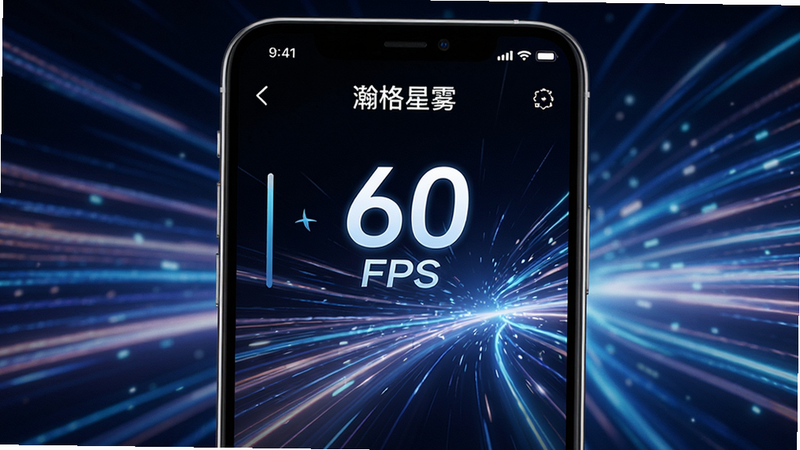 ‘瀚格星雾’App在处理高清视频时的流畅度示意,画面中有动态的速度线条,手机界面显示帧率数值‘60 FPS’,背景为抽象的科技流光,突出性能强劲,风格未来感,细节动感,画质锐利,干净