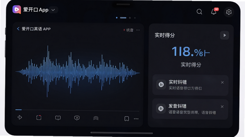 一张科技感十足的UI设计图,主体是爱开口英语APP的语音评测界面,左侧显示音频波形图,右侧显示实时得分和发音纠错提示,界面采用深色模式,字体清晰,布局对称,风格极简未来感,细节丰富,高清渲染,无杂乱元素