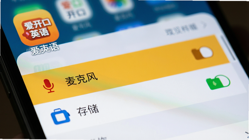 一张手机设置界面的截图风格图,主体是权限管理列表,高亮显示“麦克风”和“存储”权限,背景模糊,突出爱开口英语的图标,风格写实,细节清晰,高清屏幕摄图,无多余图标