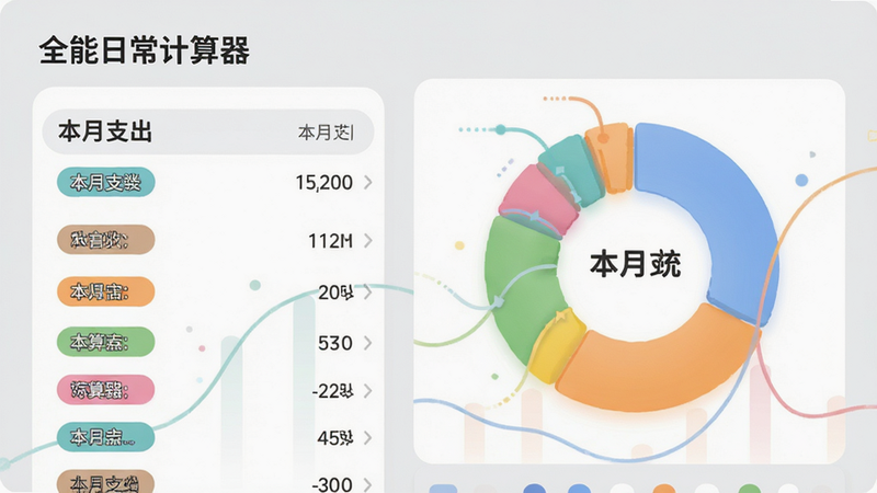 主体为“全能日常计算器”记账统计页面,布局左侧为收支分类列表,右侧为饼状统计图,排版直观易懂,风格温馨清新,细节体现彩色分类标签与流畅的曲线图形,画质细腻柔和,背景为浅灰色,无干扰元素,文字显示“本月支出”