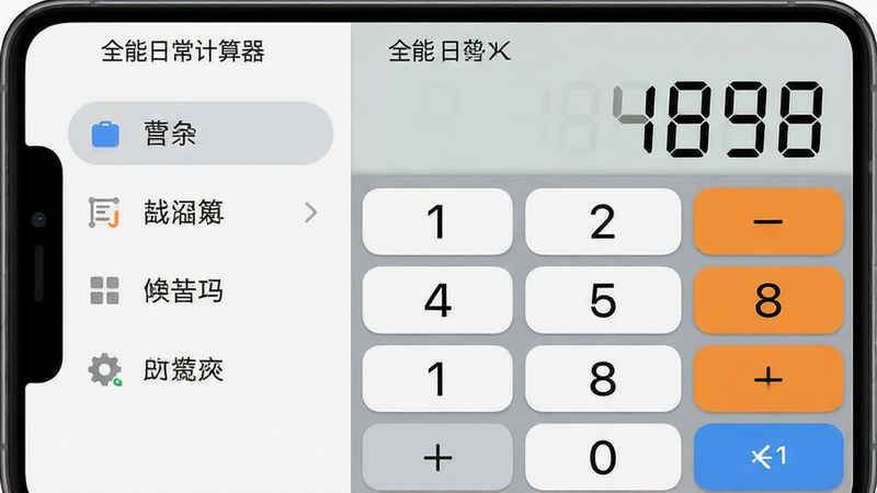 主体为“全能日常计算器”手机应用界面截图,布局为左侧功能菜单栏,右侧为数字键盘与显示屏,排版整洁有序,风格为现代扁平化极简主义,细节处体现清晰的数字字体与柔和的按钮光影,画质4k高清,画面干净,无多余装饰元素,文字显示为“全能日常计算器”
