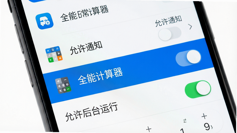 主体为手机设置界面,布局为应用管理列表,高亮显示“全能日常计算器”条目,排版清晰,风格系统原生UI,细节展示“允许通知”、“允许后台运行”开关状态,画质高清,背景白色,无多余图标,文字显示“全能日常计算器”