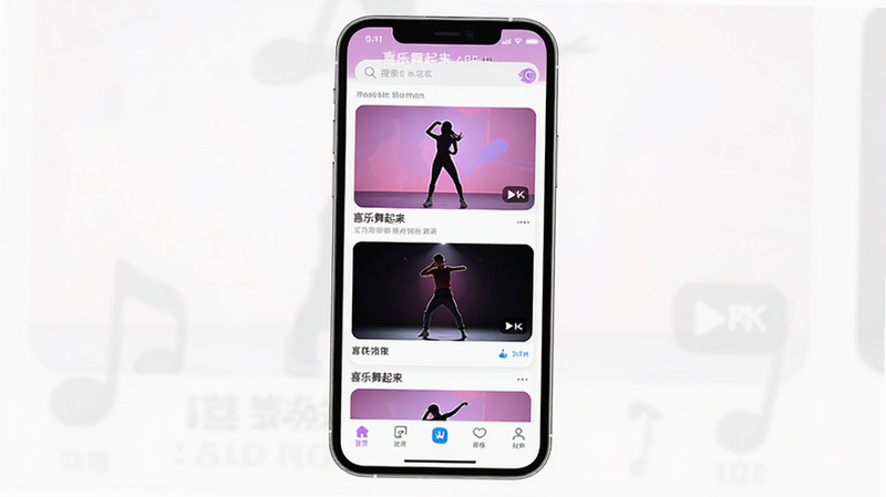 ����Ϊ�ֻ���Ļ���棬��ʾ'ϲ��������'APP��ҳ������Ϊ�������������м��ٲ����赸��Ƶ��Ƭ���ײ����������Ű��������򣬷��Ϊ�ִ���ƽ��UI��ϸ�ڰ��������赸�����Ӱͼ�꣬����4k���壬�ɾ��޶���Ԫ��