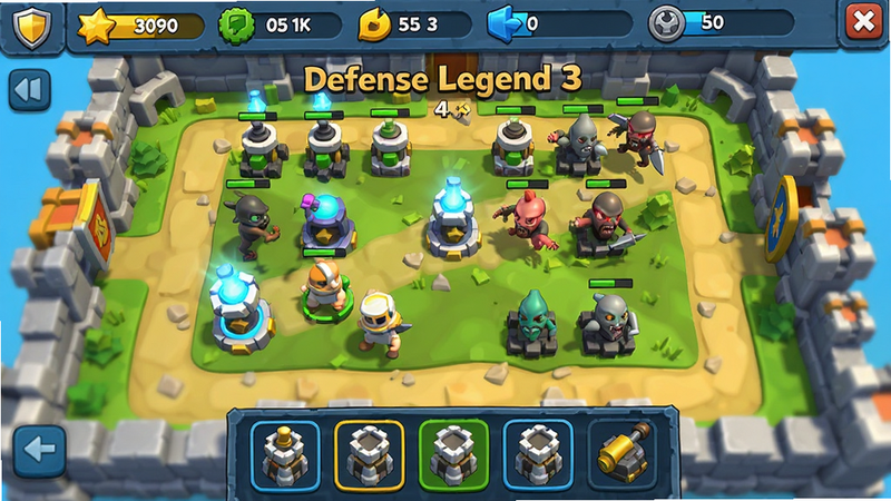 主体为Defense Legend 3 Premium游戏主界面截图,布局清晰展示顶部资源栏、中部战场地图与底部防御塔选择区,排版紧凑有序,风格为明亮卡通3D渲染,细节包含发光的防御塔与行进的敌人,画质高清4K,干净无多余元素,文字包含
