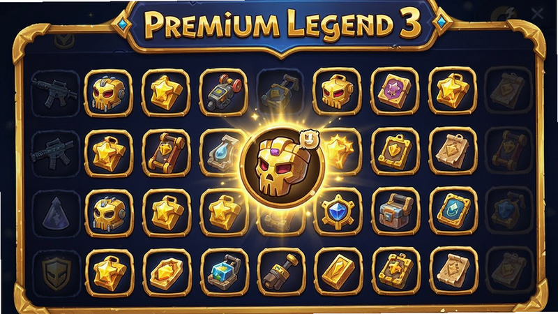 主体为Defense Legend 3 Premium道具商店界面,布局展示排列整齐的金色道具图标,排版突出稀有度,风格为奢华卡通,细节包含发光特效,画质精致,文字包含
