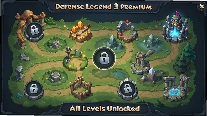 主体为Defense Legend 3 Premium关卡选择地图界面,布局展示蜿蜒的路径与不同地形节点,排版整齐,风格为奇幻卡通,细节包含锁头消失的图标,画质高清,文字包含