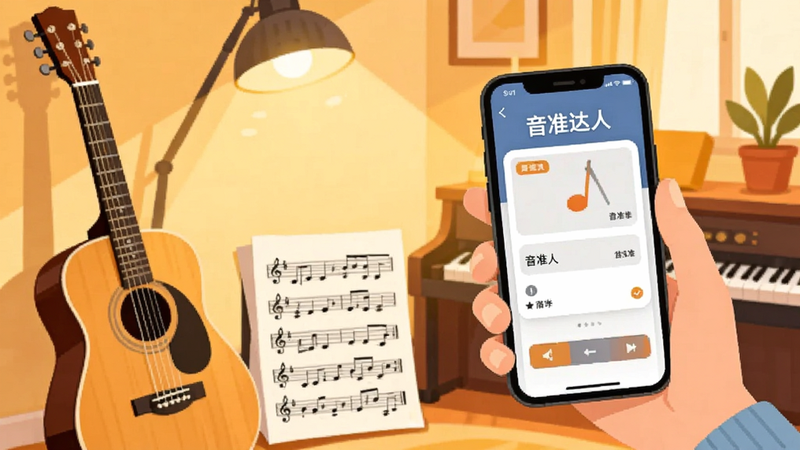 音乐练习场景插画,一个人手持手机,屏幕上显示“音准达人”界面,旁边放置着吉他和乐谱。背景为温馨的家庭音乐角,暖色调灯光,强调学习与练习的氛围,矢量插画风格,清晰美观。