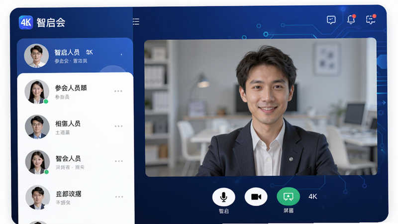 主体为智启会APP的高保真UI界面展示,布局采用现代扁平化设计,左侧显示参会人员头像列表,右侧为主视频窗口,底部有麦克风、摄像头、屏幕共享等控制按钮,背景为深蓝色科技感渐变,风格简洁专业,细节处体现高清视频质感,画质4K,干净无多余元素