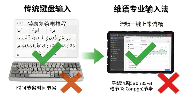 对比图,左侧显示传统键盘输入维语的复杂过程,右侧显示