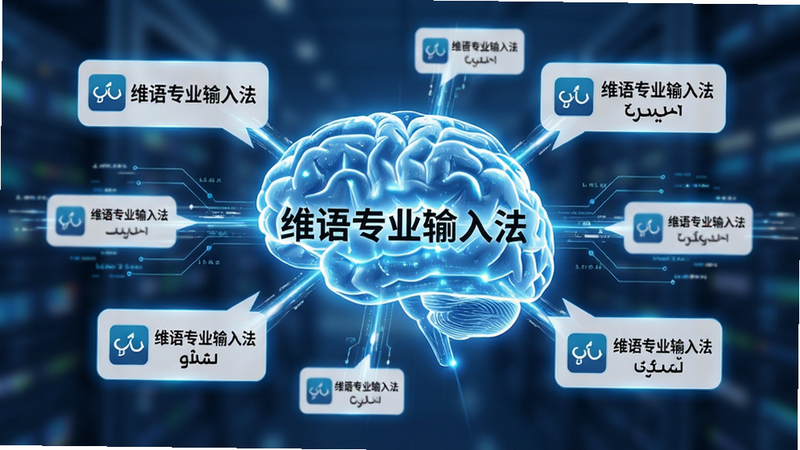 抽象的概念图,展示一个发光的数字大脑连接着多个文本气泡,气泡内包含