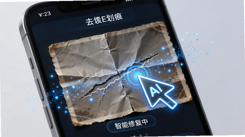 手机界面展示“去划痕”功能,中间是一张有折痕的旧照片,一个发光的AI光标正在扫描折痕部分,周围有蓝色科技粒子特效,文字标签“智能修复中”,风格科技感强,高清,无杂乱背景
