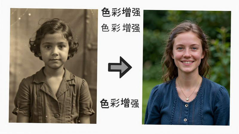 对比图展示,左边是泛黄褪色的旧照片,右边是色彩鲜艳清晰的修复后照片,中间有一个向右的箭头图标,背景为白色,文字“色彩增强”,风格明亮,高清,细节丰富